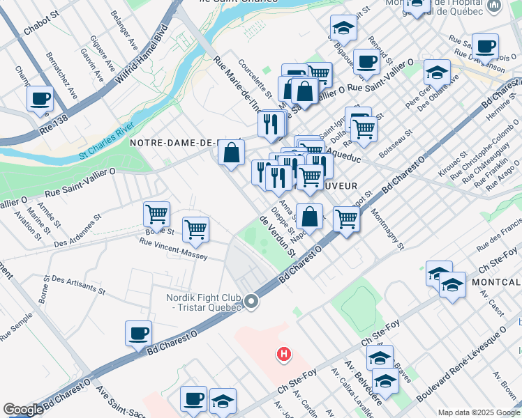 map of restaurants, bars, coffee shops, grocery stores, and more near in Québec City