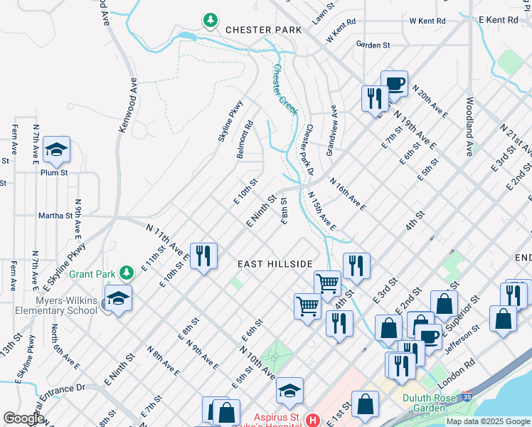 map of restaurants, bars, coffee shops, grocery stores, and more near 1328 East 9th Street in Duluth