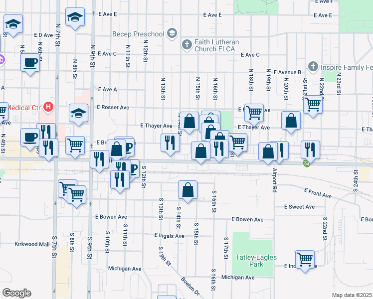 map of restaurants, bars, coffee shops, grocery stores, and more near 1400 East Main Avenue in Bismarck