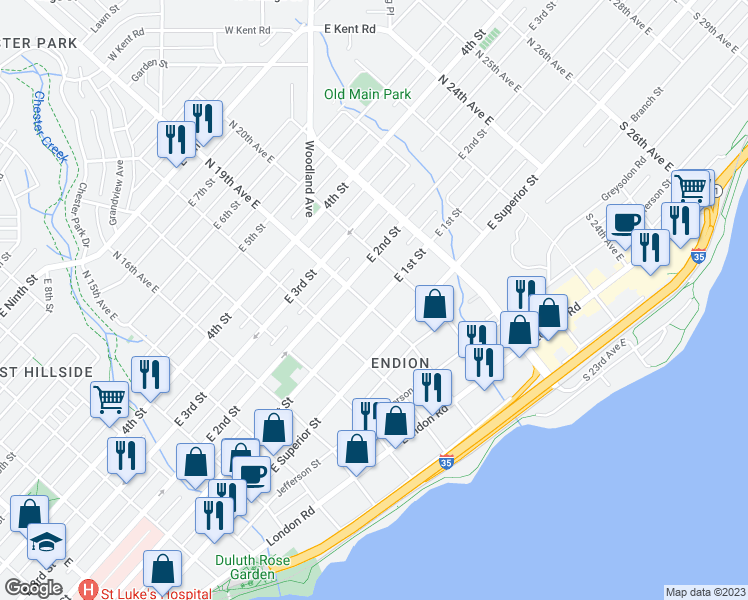 map of restaurants, bars, coffee shops, grocery stores, and more near 1917 1/2 East 1st Street in Duluth