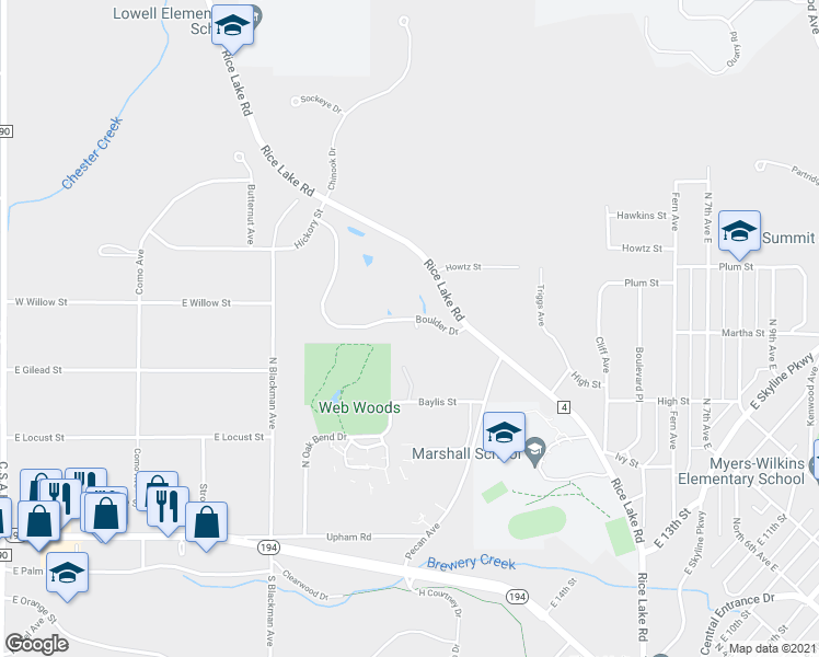 map of restaurants, bars, coffee shops, grocery stores, and more near 802 Boulder Drive in Hermantown