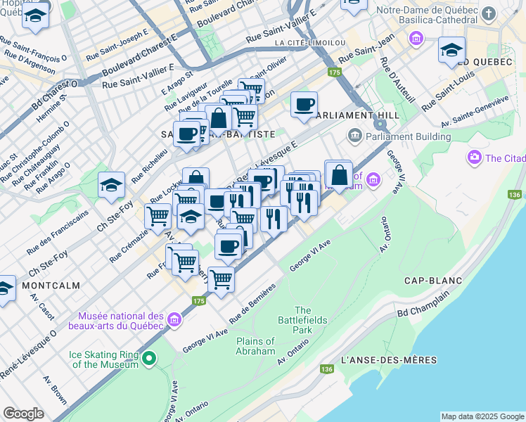 map of restaurants, bars, coffee shops, grocery stores, and more near 1150 Rue de Claire-Fontaine in Québec