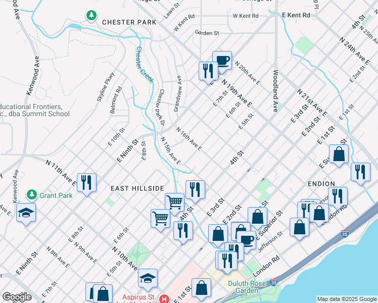 map of restaurants, bars, coffee shops, grocery stores, and more near 1503 East 7th Street in Duluth