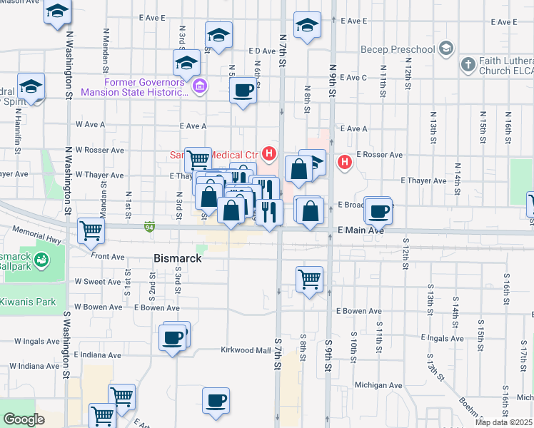 map of restaurants, bars, coffee shops, grocery stores, and more near 100 North 7th Street in Bismarck
