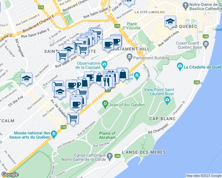 map of restaurants, bars, coffee shops, grocery stores, and more near 601 Grande Allée in Québec