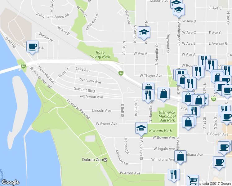 map of restaurants, bars, coffee shops, grocery stores, and more near 28 Summit Boulevard in Bismarck