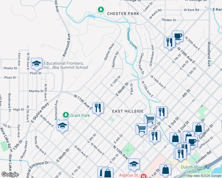 map of restaurants, bars, coffee shops, grocery stores, and more near 924 North 13th Avenue East in Duluth