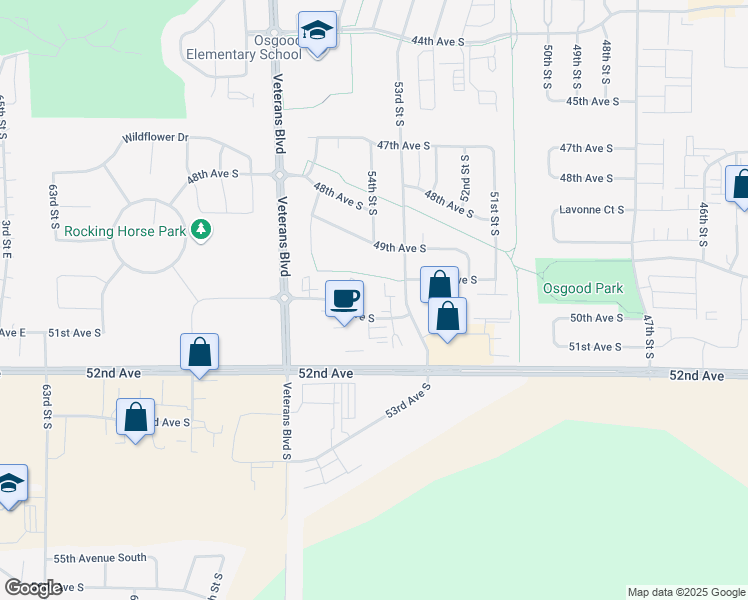 map of restaurants, bars, coffee shops, grocery stores, and more near 5425 51st Avenue South in Fargo