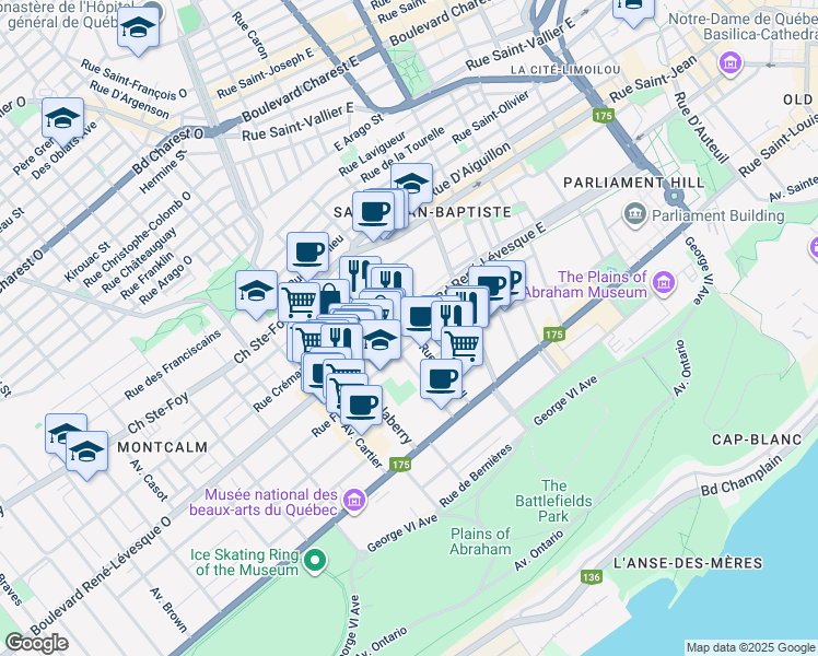 map of restaurants, bars, coffee shops, grocery stores, and more near Rue Turnbull in Quebec