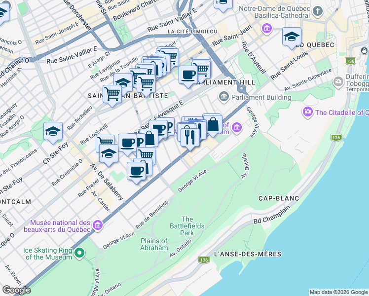 map of restaurants, bars, coffee shops, grocery stores, and more near 550 Grande Allée Est in Québec