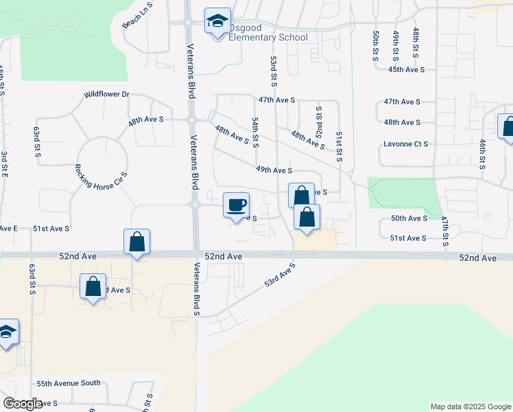 map of restaurants, bars, coffee shops, grocery stores, and more near 5425 51st Avenue South in Fargo