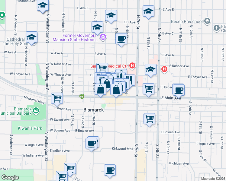 map of restaurants, bars, coffee shops, grocery stores, and more near 110 North 5th Street in Bismarck