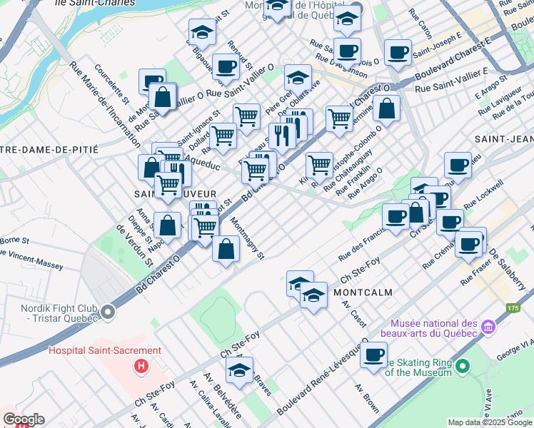 map of restaurants, bars, coffee shops, grocery stores, and more near 506 Rue Saint-Sauveur in Québec