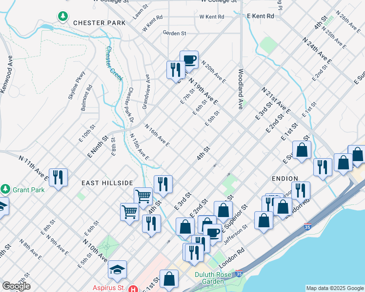 map of restaurants, bars, coffee shops, grocery stores, and more near 1611 East 5th Street in Duluth