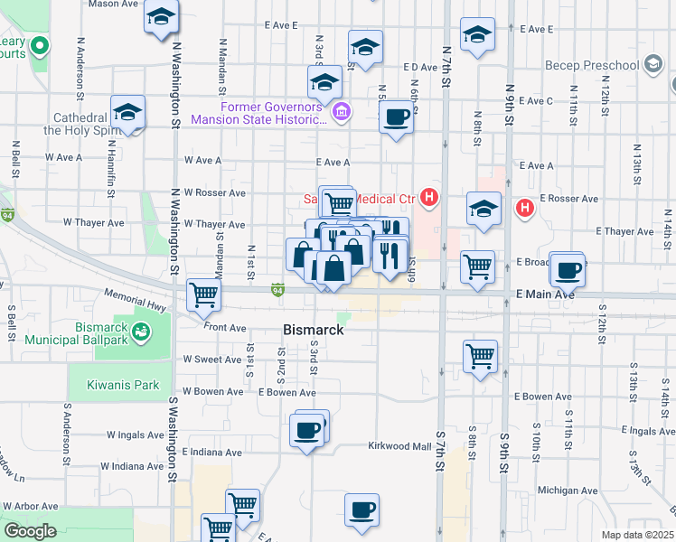 map of restaurants, bars, coffee shops, grocery stores, and more near 112 North 4th Street in Bismarck