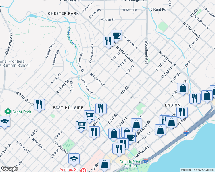 map of restaurants, bars, coffee shops, grocery stores, and more near 1611 East 5th Street in Duluth
