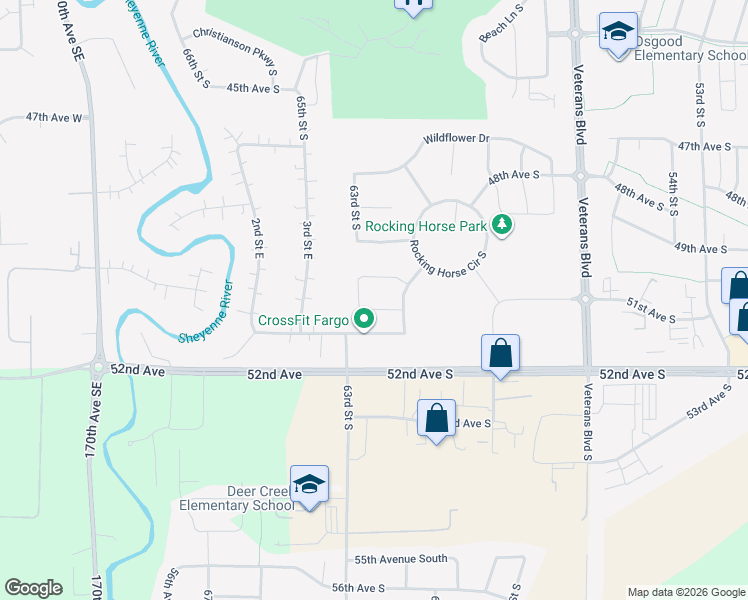 map of restaurants, bars, coffee shops, grocery stores, and more near 6176 Rocking Horse Circle South in Fargo