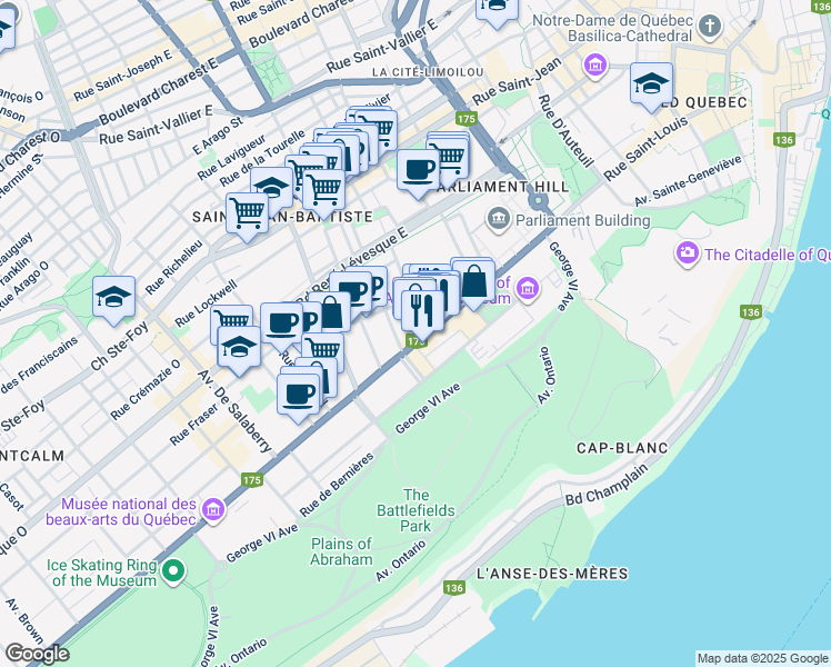 map of restaurants, bars, coffee shops, grocery stores, and more near 601 Grande Allée in Québec
