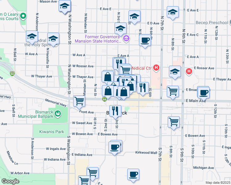 map of restaurants, bars, coffee shops, grocery stores, and more near in Bismarck
