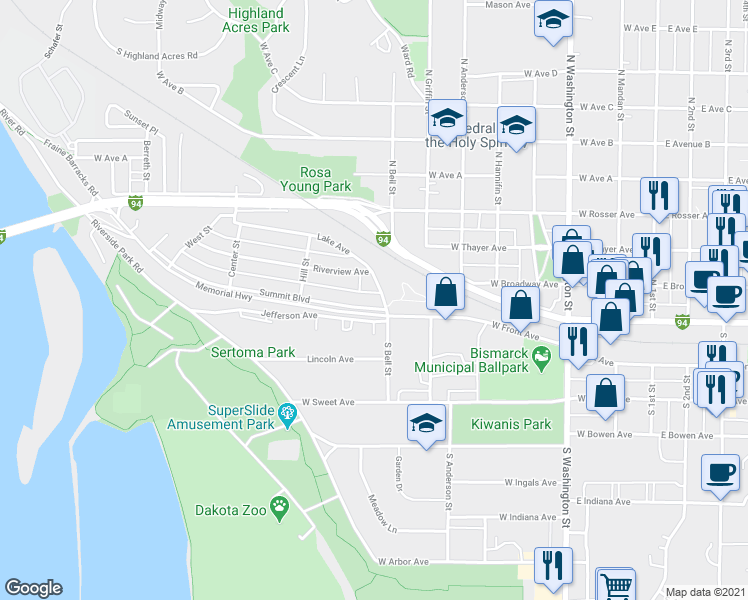 map of restaurants, bars, coffee shops, grocery stores, and more near 28 Summit Boulevard in Bismarck