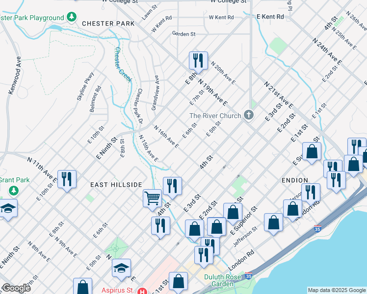 map of restaurants, bars, coffee shops, grocery stores, and more near 1611 East 5th Street in Duluth