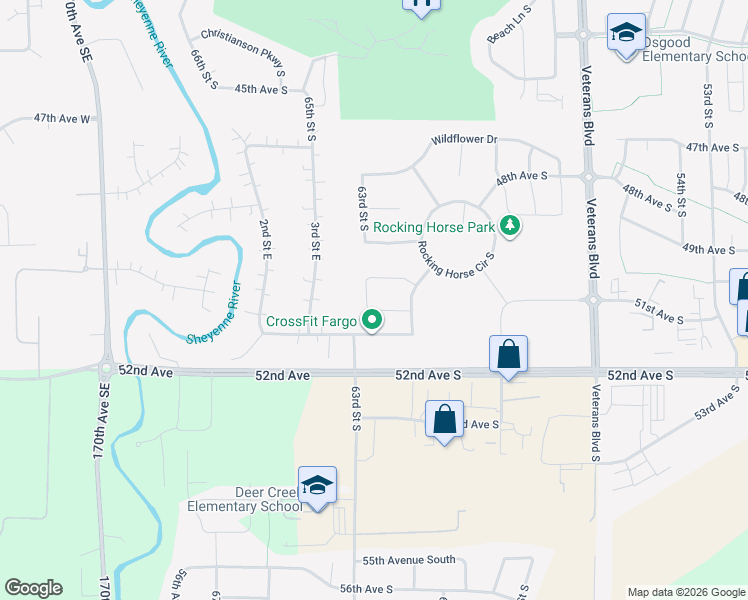 map of restaurants, bars, coffee shops, grocery stores, and more near 6176 Rocking Horse Circle South in Fargo