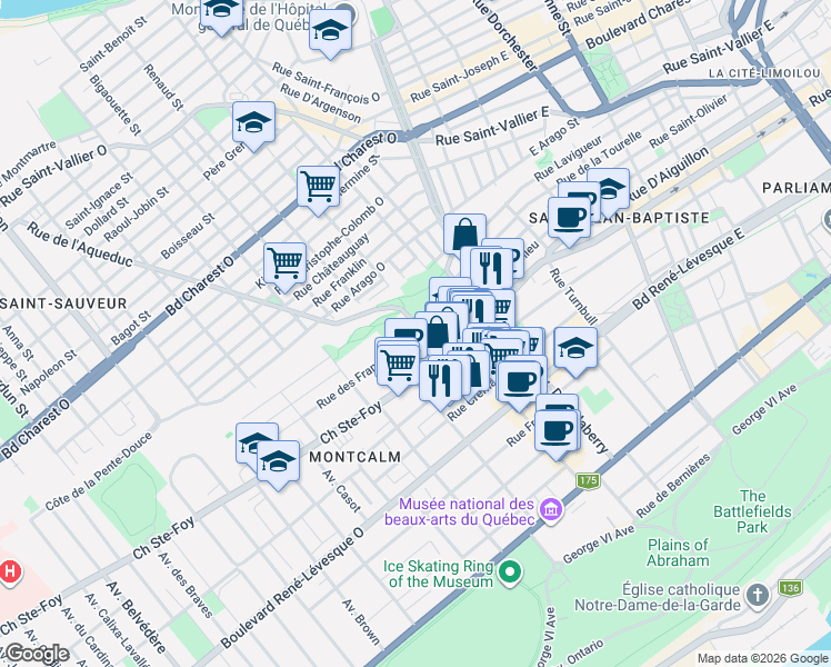 map of restaurants, bars, coffee shops, grocery stores, and more near 154 Rue des Franciscains in Québec