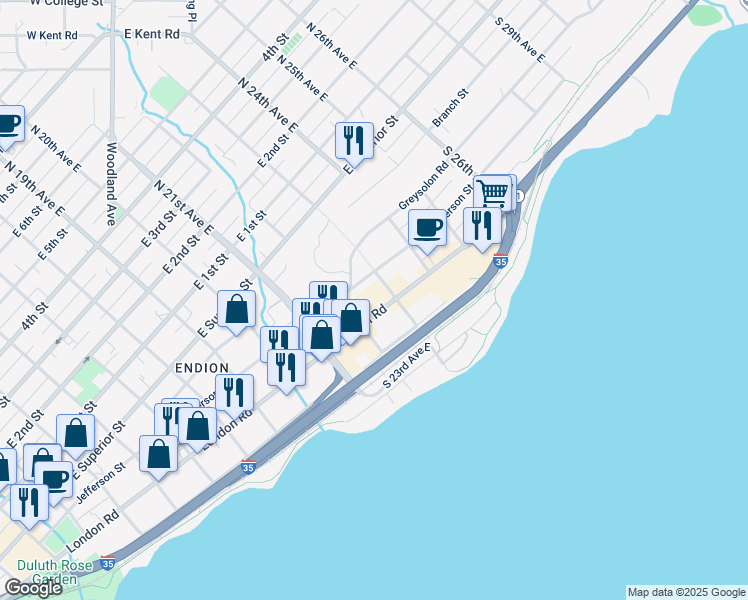 map of restaurants, bars, coffee shops, grocery stores, and more near 2211 London Road in Duluth