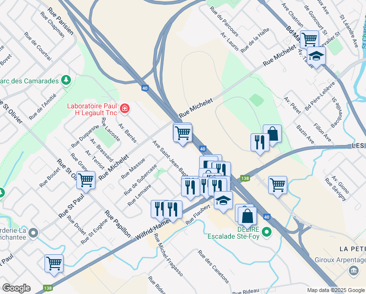 map of restaurants, bars, coffee shops, grocery stores, and more near 2600 Avenue Saint Jean Baptiste in Ville de Québec