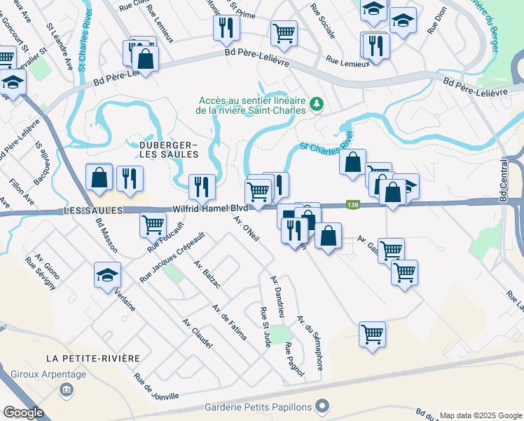 map of restaurants, bars, coffee shops, grocery stores, and more near 3075 Boulevard Wilfrid-Hamel in Ville de Québec