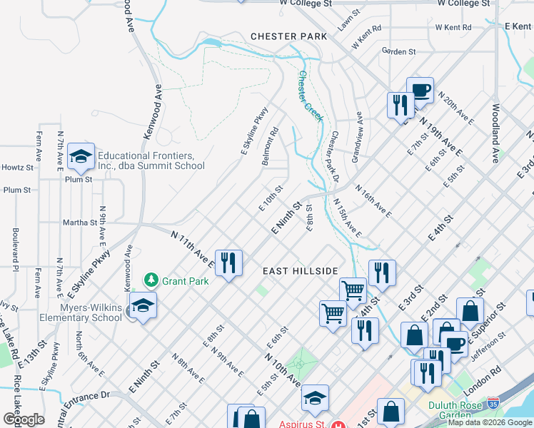 map of restaurants, bars, coffee shops, grocery stores, and more near 924 North 13th Avenue East in Duluth