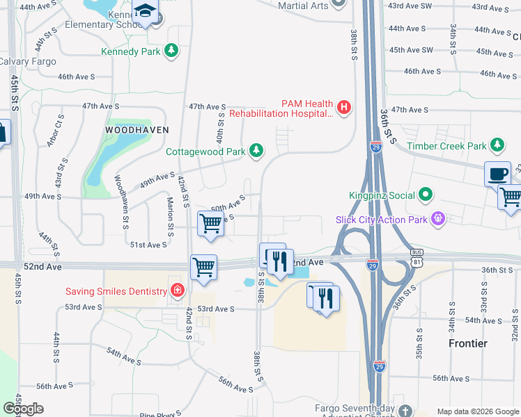 map of restaurants, bars, coffee shops, grocery stores, and more near 5152 38th Street Southwest in Fargo