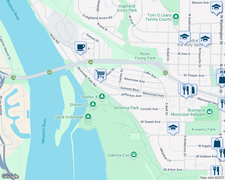 map of restaurants, bars, coffee shops, grocery stores, and more near 1109 Memorial Highway in Bismarck