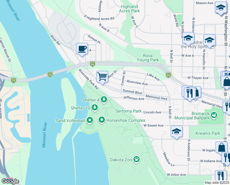 map of restaurants, bars, coffee shops, grocery stores, and more near 1109 Memorial Highway in Bismarck