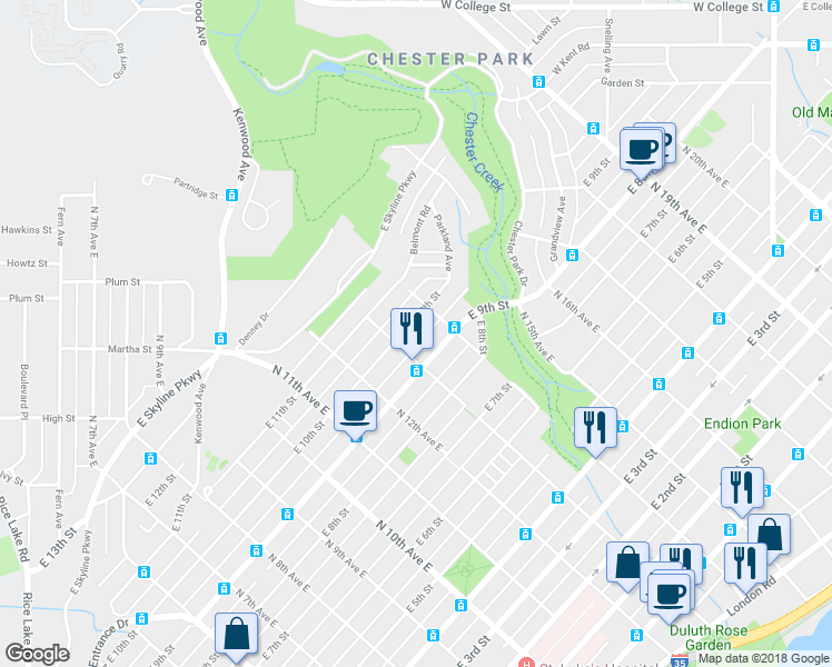 map of restaurants, bars, coffee shops, grocery stores, and more near 1314 East 10th Street in Duluth
