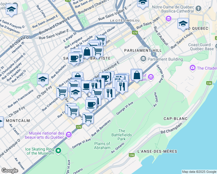 map of restaurants, bars, coffee shops, grocery stores, and more near 1115 Rue de l'Amérique Française in Ville de Québec