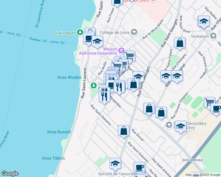 map of restaurants, bars, coffee shops, grocery stores, and more near 64 Côte du Passage in Levis