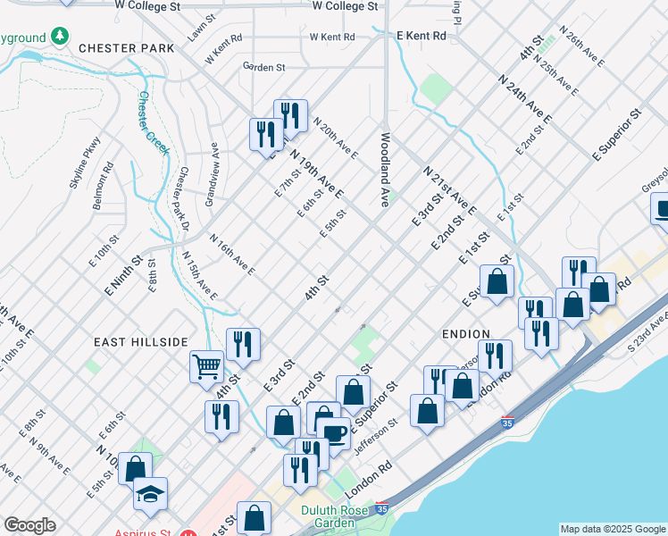 map of restaurants, bars, coffee shops, grocery stores, and more near 1723 East 4th Street in Duluth
