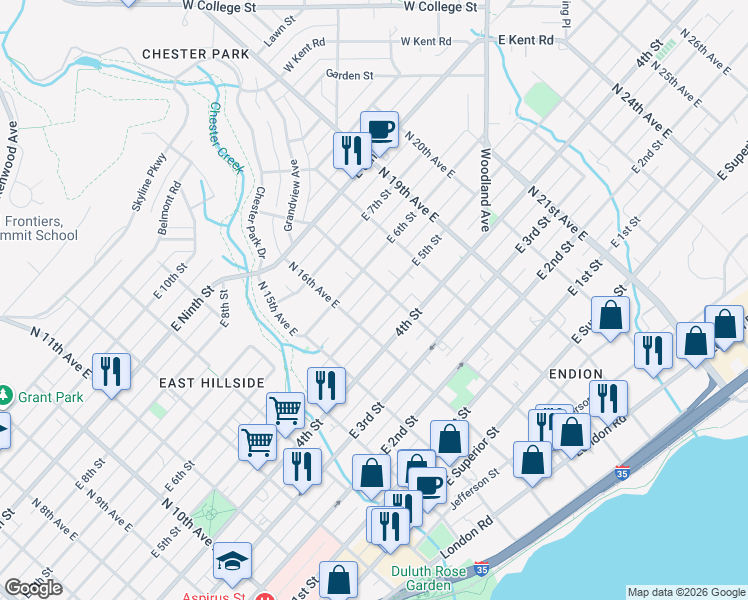 map of restaurants, bars, coffee shops, grocery stores, and more near 1611 East 5th Street in Duluth