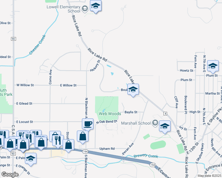 map of restaurants, bars, coffee shops, grocery stores, and more near 610 Boulder Drive in Duluth