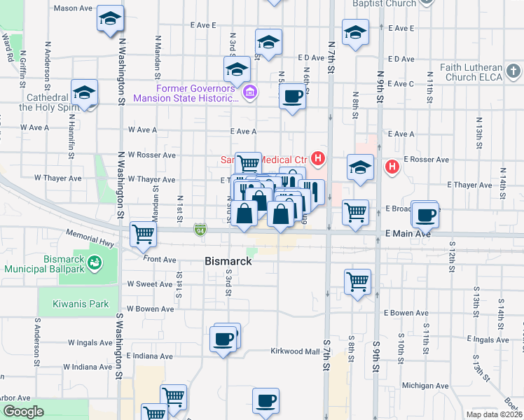 map of restaurants, bars, coffee shops, grocery stores, and more near 110 North 5th Street in Bismarck