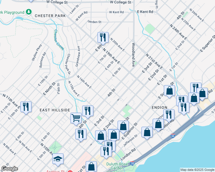 map of restaurants, bars, coffee shops, grocery stores, and more near 426 North 17th Avenue East in Duluth