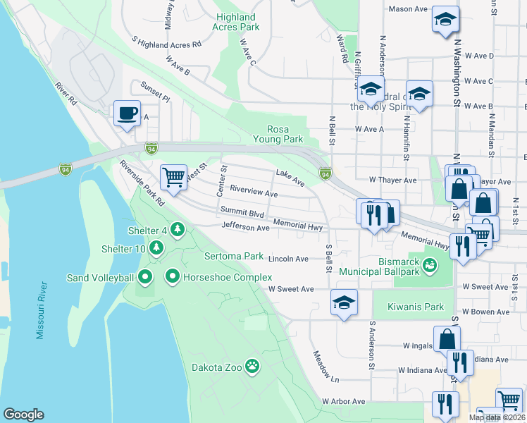 map of restaurants, bars, coffee shops, grocery stores, and more near 1000 Summit Boulevard in Bismarck