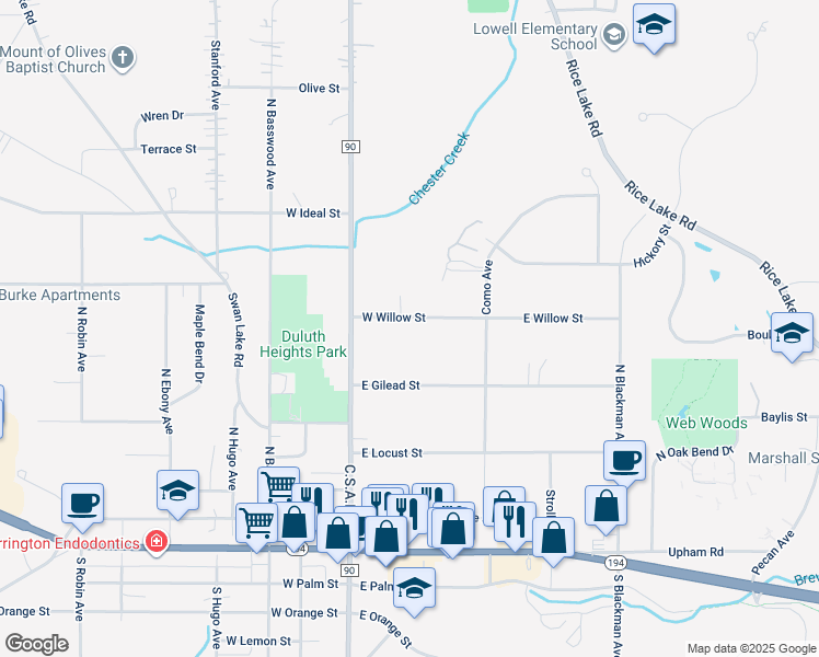 map of restaurants, bars, coffee shops, grocery stores, and more near 114 East Willow Street in Duluth