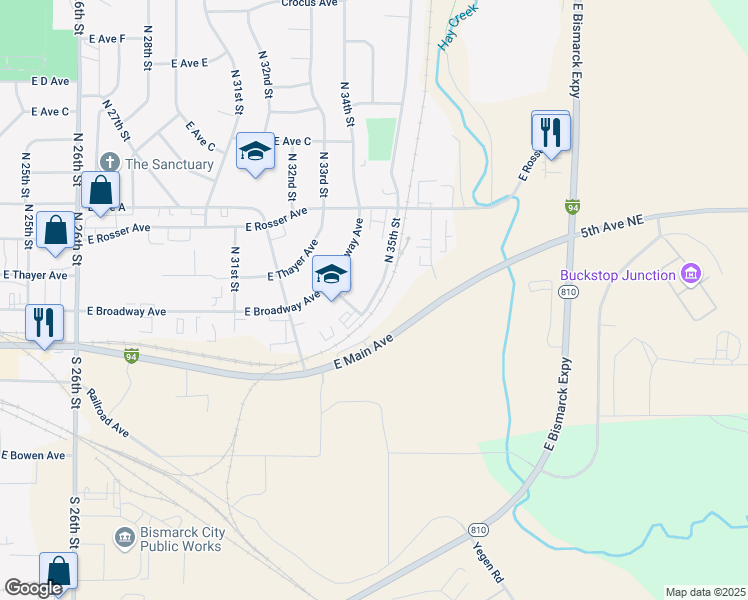 map of restaurants, bars, coffee shops, grocery stores, and more near 301-399 North 35th Street in Bismarck