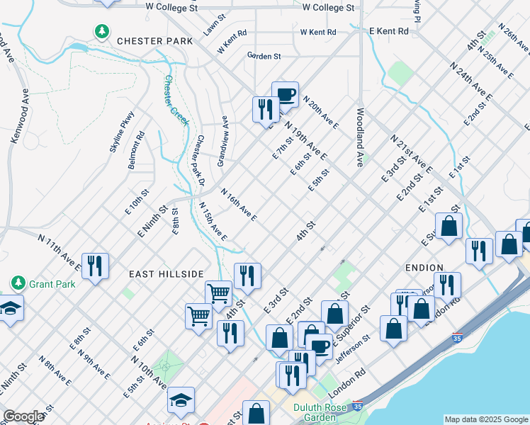 map of restaurants, bars, coffee shops, grocery stores, and more near 1611 East 5th Street in Duluth