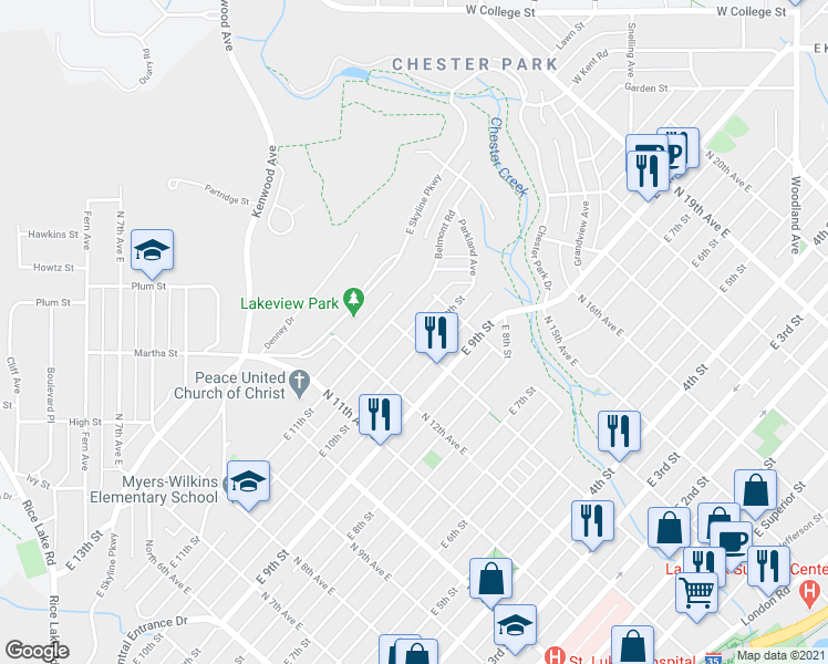 map of restaurants, bars, coffee shops, grocery stores, and more near 924 North 13th Avenue East in Duluth