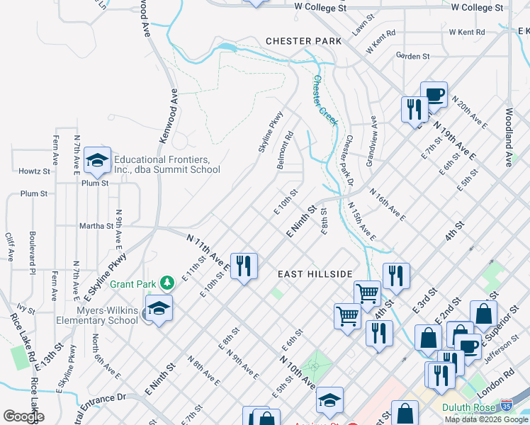 map of restaurants, bars, coffee shops, grocery stores, and more near 924 North 13th Avenue East in Duluth