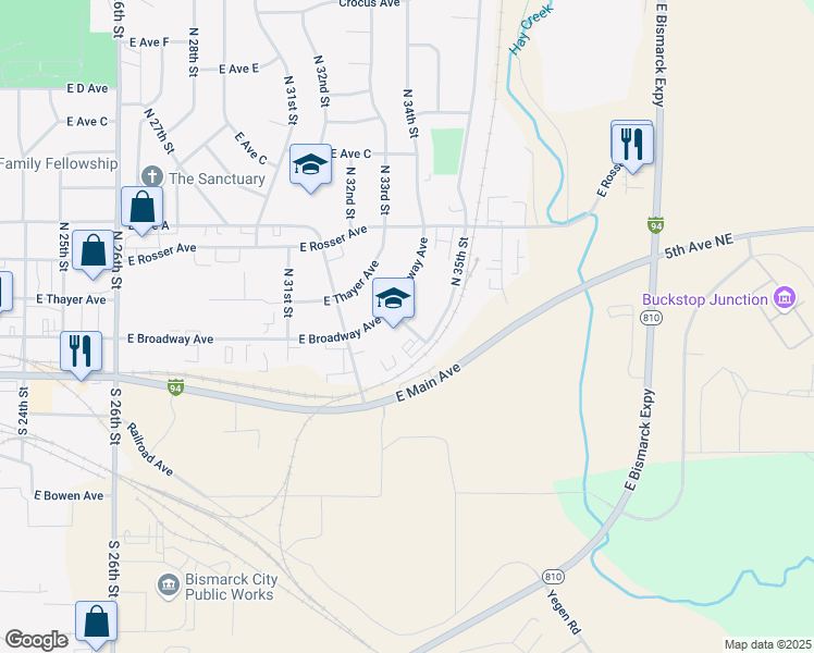 map of restaurants, bars, coffee shops, grocery stores, and more near 301 North 35th Street in Bismarck