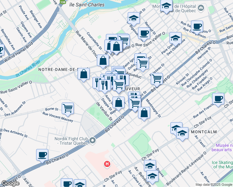 map of restaurants, bars, coffee shops, grocery stores, and more near 326 Rue Lafayette in Ville de Québec